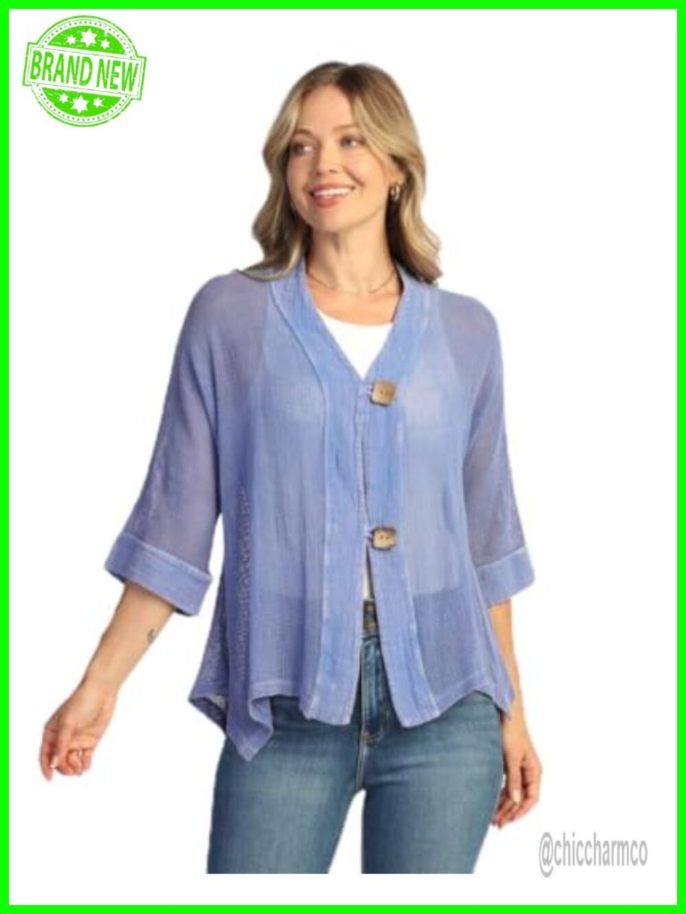 Mineral Washed Cotton Mesh Cardigan 3/4 Sleeve V-Neck Tunic